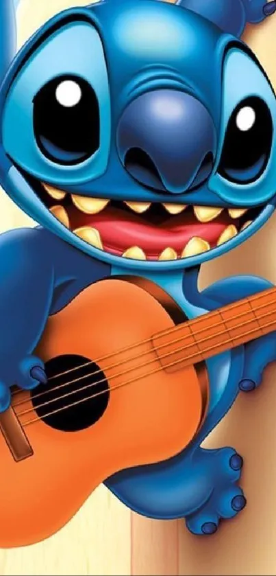 Blue cartoon character joyfully plays a guitar.