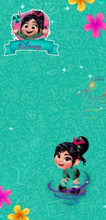 Cartoon character with colorful flowers on a teal background wallpaper.