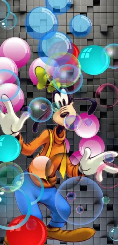 Cartoon character with colorful bubbles on black mosaic background.