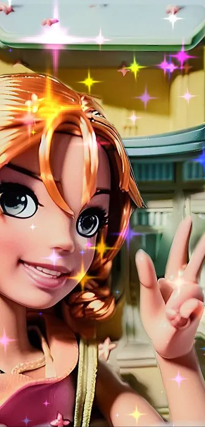 Colorful cartoon character with sparkling effects on a mobile wallpaper.