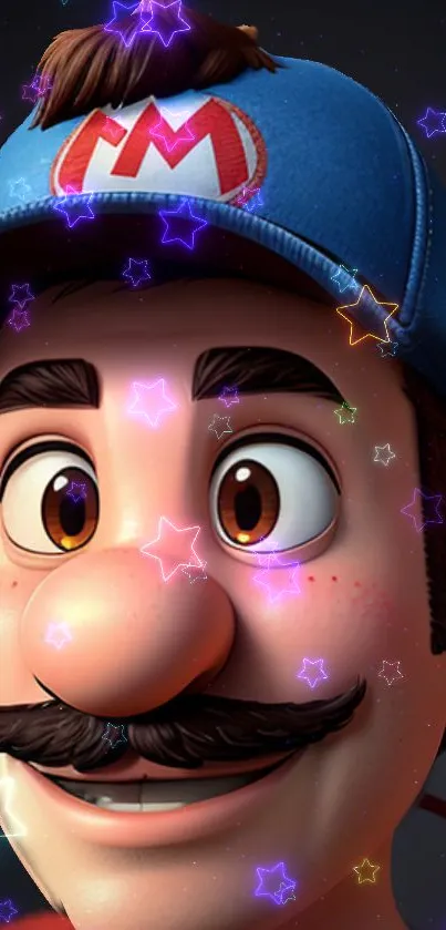 Cartoon character with colorful glowing stars in a vibrant mobile wallpaper.