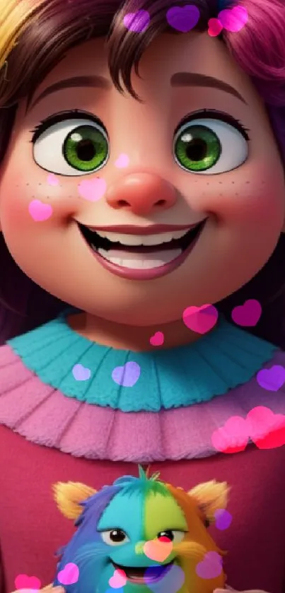 Smiling cartoon child with rainbow hair and colorful toy.