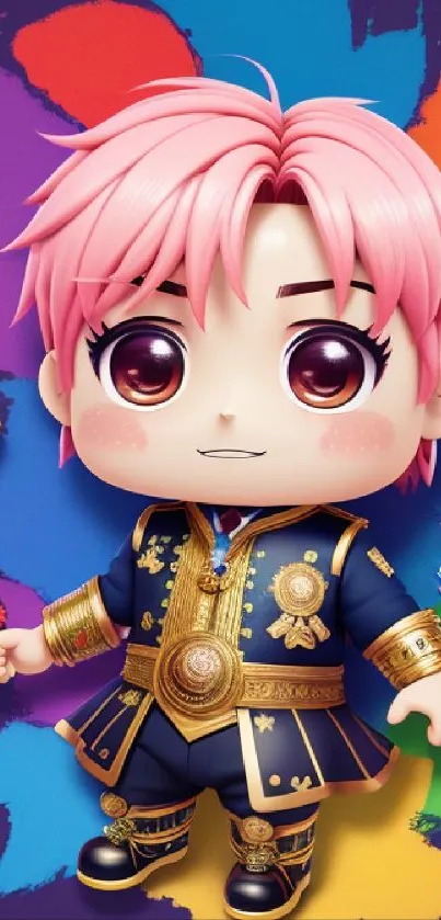 Colorful cartoon character with pink hair on vibrant background.