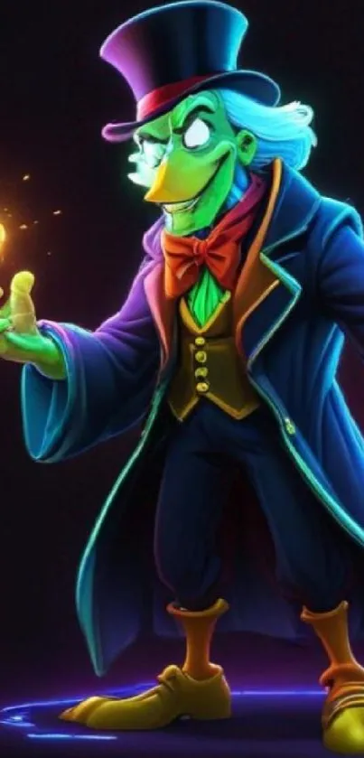 Vibrant cartoon character with glowing effects in dark attire.