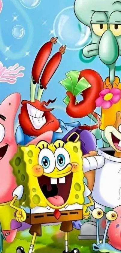 Cartoon characters in a colorful underwater scene with bubbles.