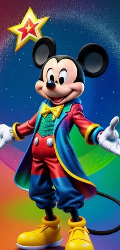 Colorful cartoon character on rainbow background with star