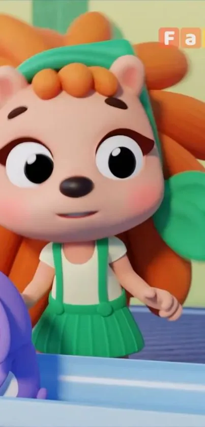 Colorful cartoon character with orange hair and green outfit.