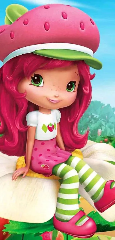 Vibrant cartoon character with strawberry theme on a flower.