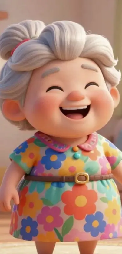 Cheerful cartoon character with floral dress, laughing joyfully in bright colors.