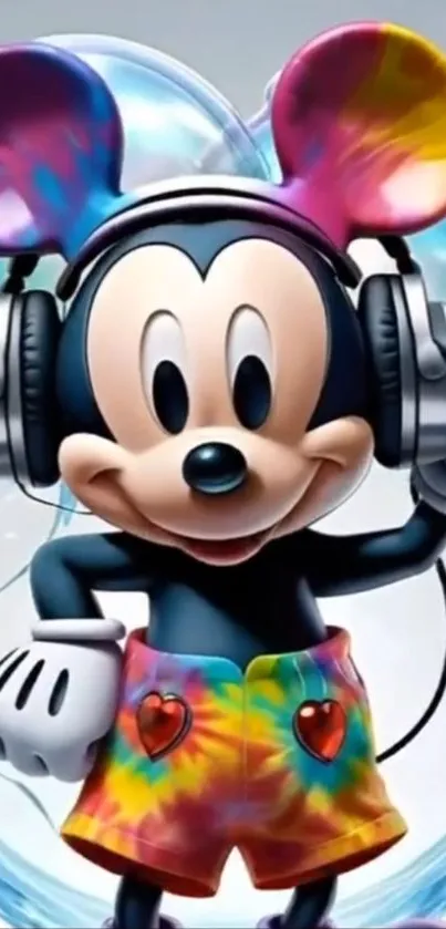 Cartoon character with headphones in colorful attire.