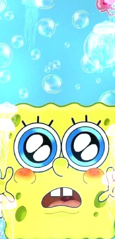 Colorful cartoon character with bubbles and jellyfish background.