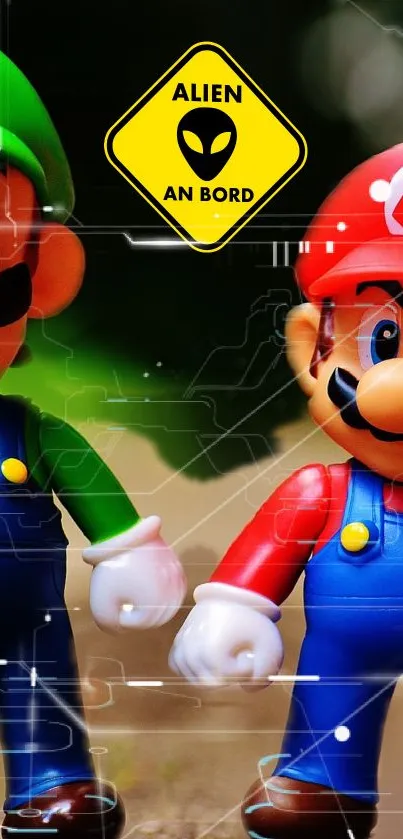 Two colorful cartoon characters with an alien sign in the background.