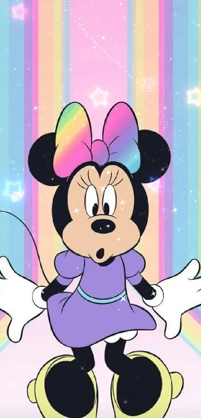 Cartoon mouse with rainbow bow on pink striped background.