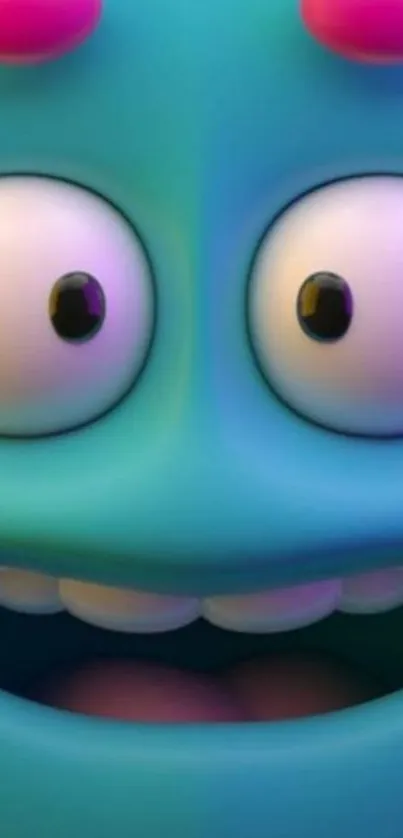 Vibrant cartoon character with large eyes on a teal background.