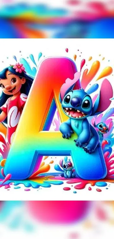 Colorful letter 'A' with cartoon characters and vibrant splashes.