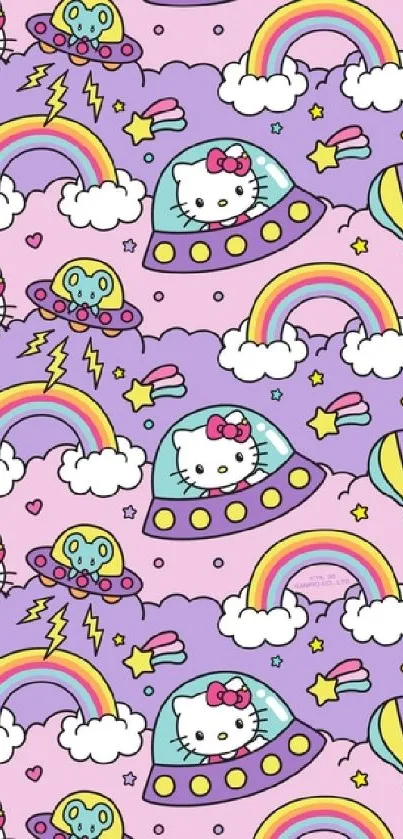 Colorful cartoon character wallpaper with rainbows and pastel clouds.