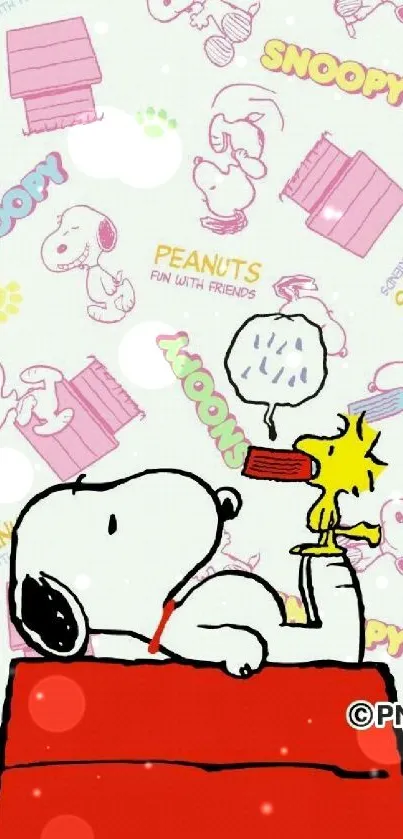 Playful Snoopy design with colorful elements for mobile wallpaper.