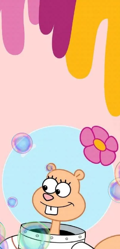 Cartoon character with pink and yellow background.