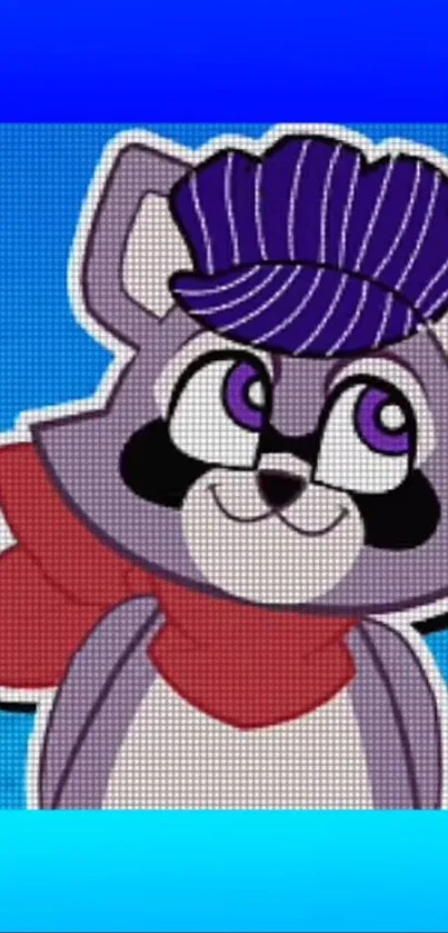 Colorful cartoon raccoon with red scarf on blue background.