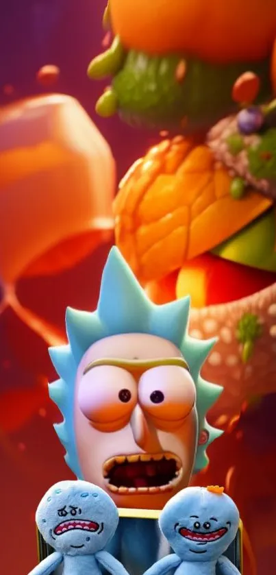 Vibrant cartoon character with blue hair in colorful animated scene.