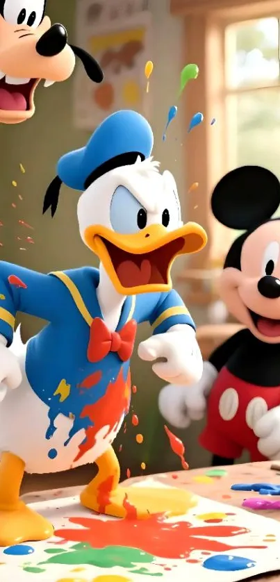 Donald Duck and friends splashing paint in a fun, colorful setting.