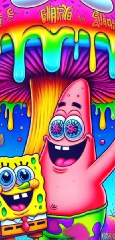 Psychedelic colorful cartoon characters wallpaper.