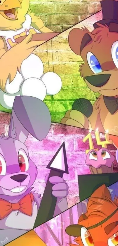 Vibrant cartoon animals on a colorful wall.