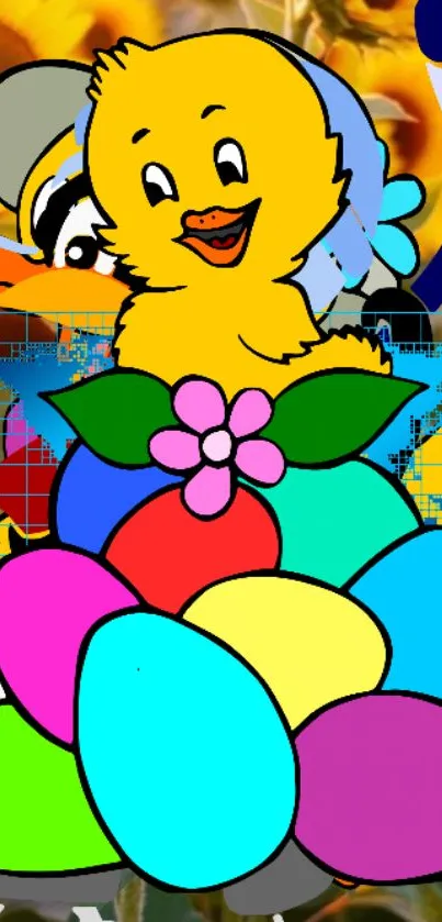 Cartoon chick with colorful eggs in vibrant design.