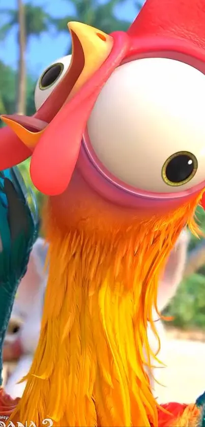 Colorful cartoon rooster with large eyes and vibrant feathers.