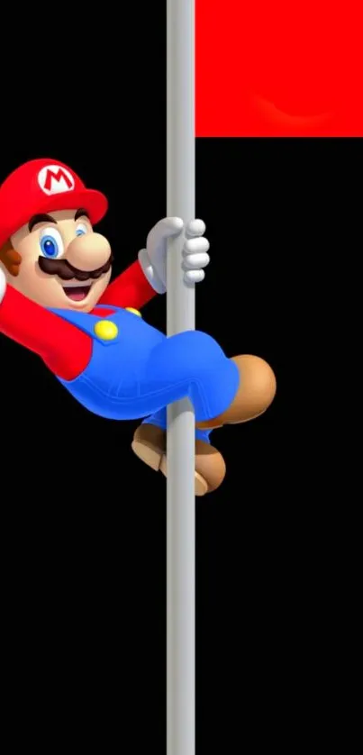 Cartoon character climbing pole with red flag in dynamic pose.