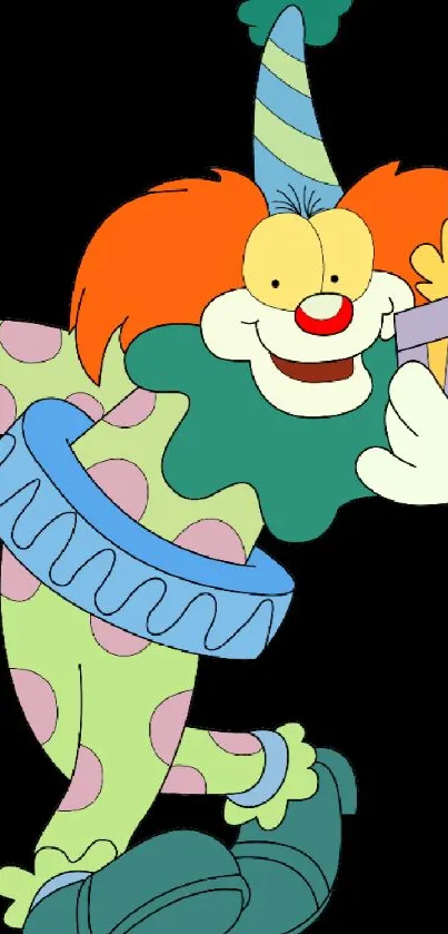 Cheerful cartoon clown with colorful outfit and bright hair.