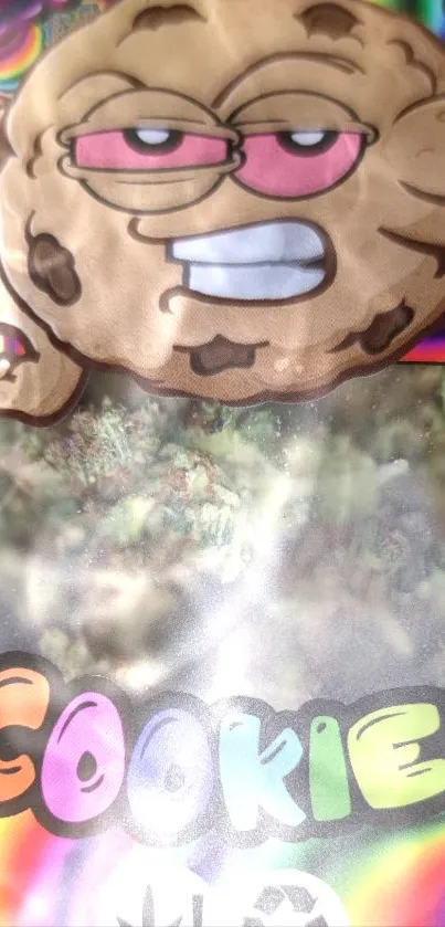 Cartoon cookie character with psychedelic background.