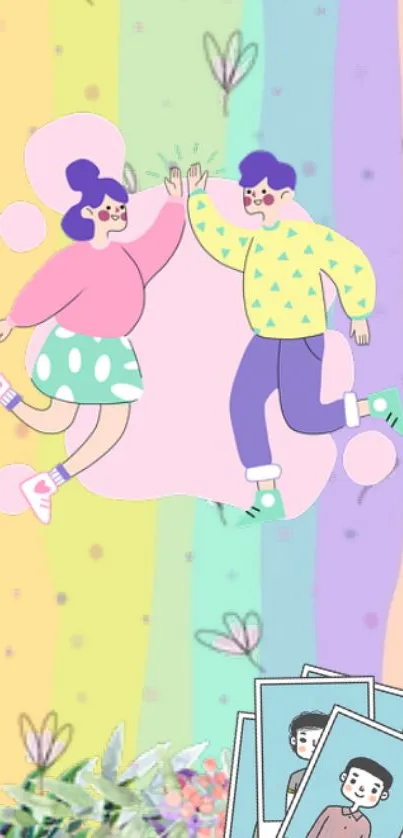 Cartoon couple high-fives on pastel rainbow background wallpaper.