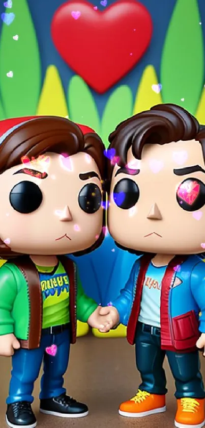 Cute cartoon couple holding hands with colorful background.