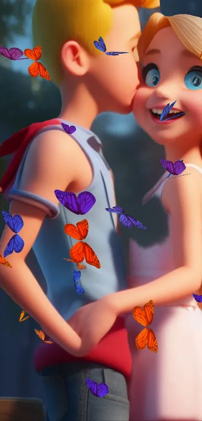 Cartoon couple with butterflies, vibrant wallpaper