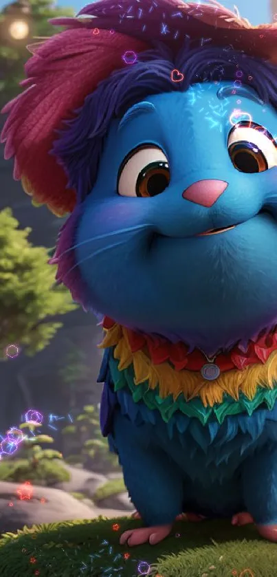 Cute blue cartoon creature with a colorful outfit in a city park setting.