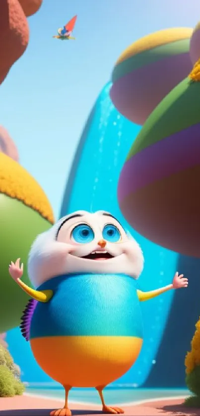 Cute cartoon creature with cyan body in a fantasy landscape with waterfalls.