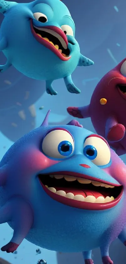 Cartoon creatures in blue and red flying joyfully.