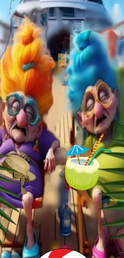 Colorful cartoon art of characters on a boat trip.