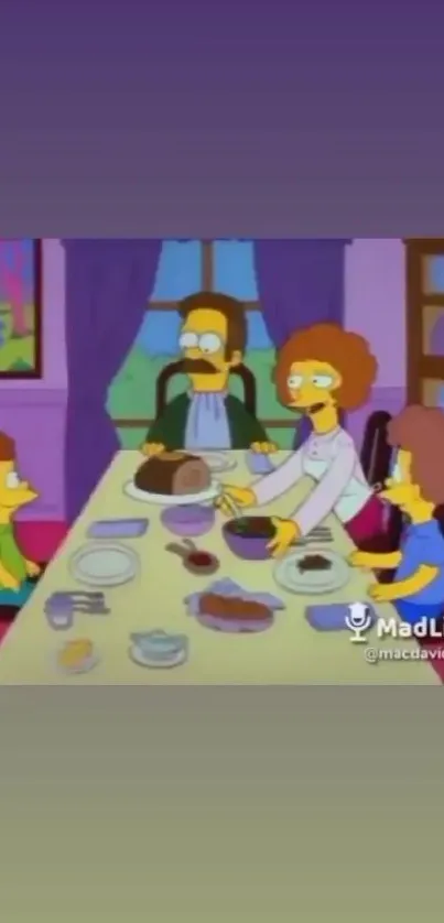 Cartoon family dining in a colorful animated scene.