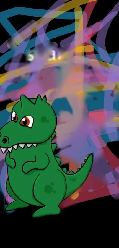 Colorful cartoon dinosaur on black background.