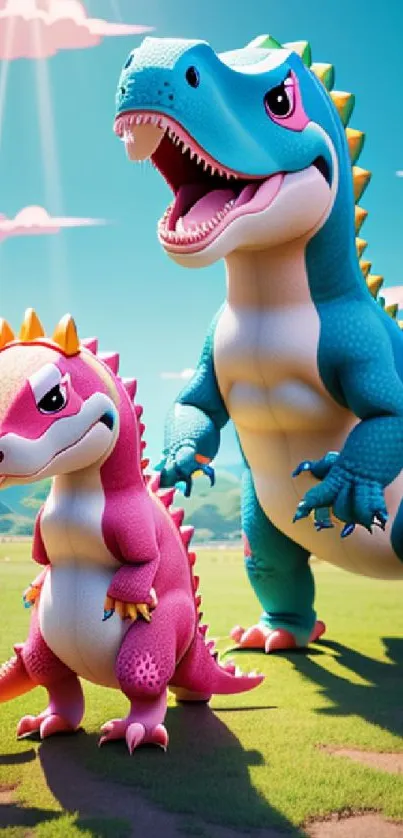 Vibrant cartoon dinosaurs in a sunny, whimsical landscape.