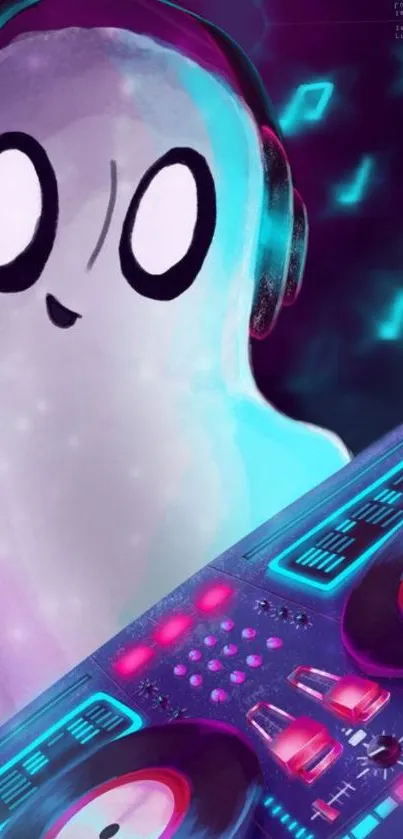 Cartoon DJ ghost with neon lights in vibrant colors.