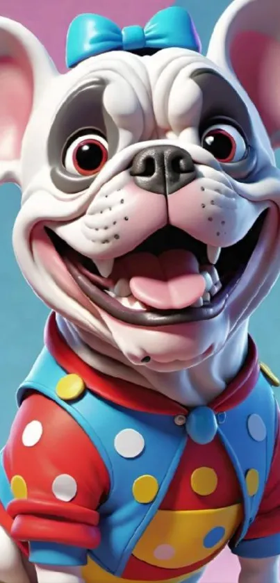 Playful colorful cartoon dog with polka dot outfit.
