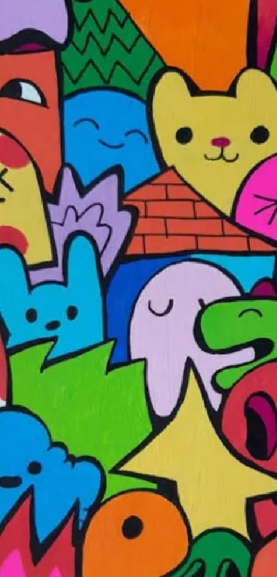 Colorful cartoon doodle wallpaper with vibrant characters.
