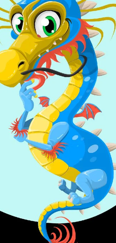 Colorful cartoon dragon wallpaper in blue and yellow with whimsical design.