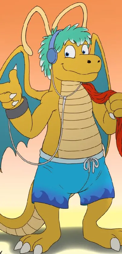 Cartoon dragon with headphones in colorful attire, set against a vibrant orange background.