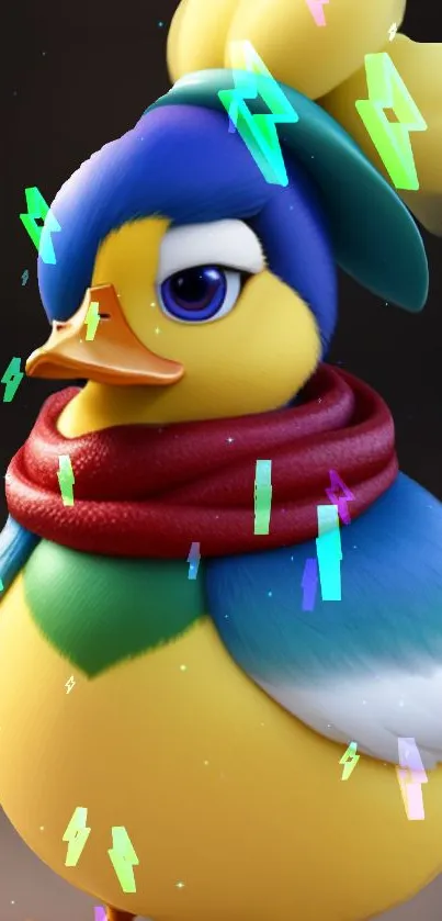 Colorful cartoon duck with red scarf, blue feathers.