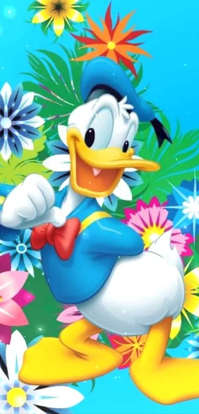 Colorful cartoon duck with floral background wallpaper.