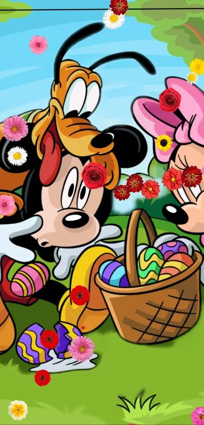 Cartoon characters with Easter eggs and flowers in a colorful setting.